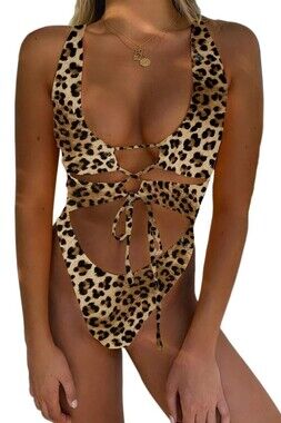 CHYRII Leopard Print One Piece Swimsuit Cutout Lace Up High Cut Monokini L